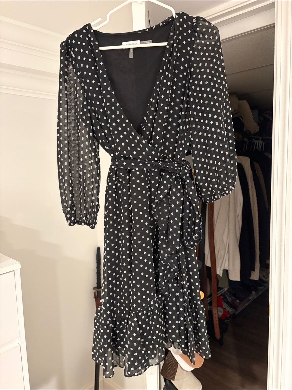 Calvin Klein Black and White Polka Dot Wrap Midi Dress